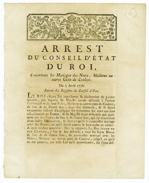 Arrest du Conseil d'Etat du Roi, concernant les mariages des Noirs, mulâtres ou autres gens de couleur. Du 5 avril 1778. Extrait des registres du Conseil d'Etat.
