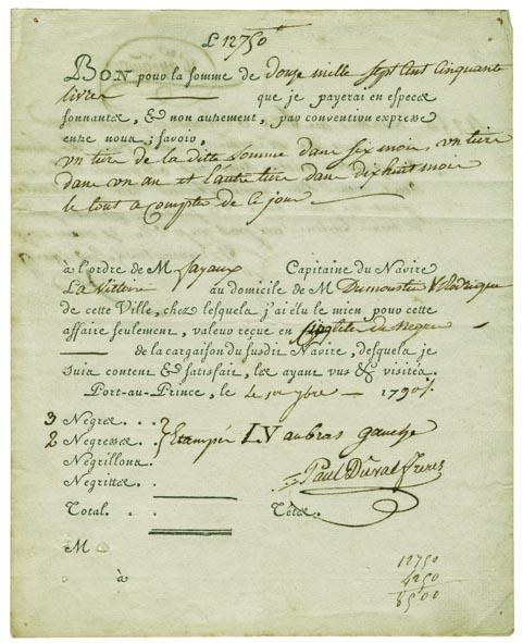 Bon d'achat à l'ordre de Monsieur Joyaux (ou Payaux), capitaine du navire La Victoire