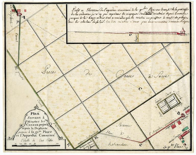 Plan Servant à dénoter les Canaux projetés depuis la Deplante jusques à la grande Place et l'Aqueduc Commencé