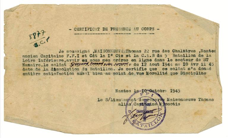 Certificat de présence au corps