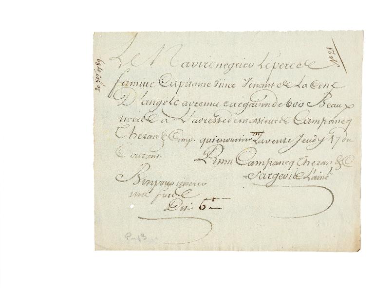 Annonce de la vente organisée par Camfrancq Thézan de la cargaison du navire négrier Le Père de Famille