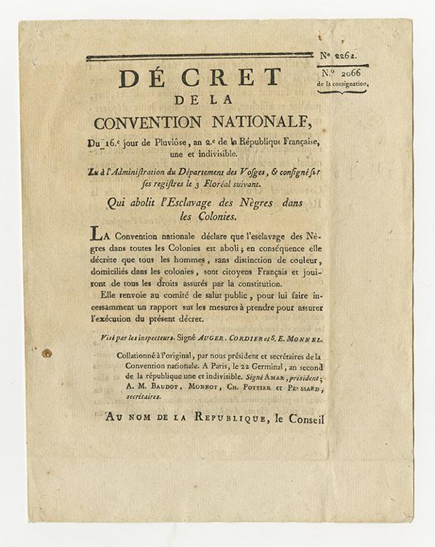Décret de la Convention nationale, du 16e jour de pluviôse, an 2e de la République Française, une et indivisible. Lu à l'Administration du Département des Vosges, & consigné sur ses registres le 3 Floréal suivant. Qui abolit l'Esclavage des Nègres dans les Colonies.