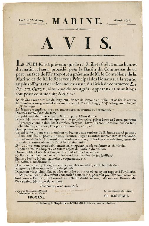 Affiche de vente après saisie du navire nantais La Petite Betzy