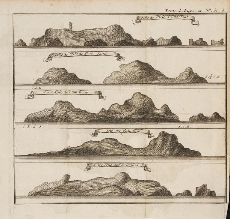 Veüe de l'Isle d'Ouossant. Veüe de l'Isle de Porto Santo. Autre Veüe de Porto Santo. Isle des Saluages. Autre Veüe des Saluages