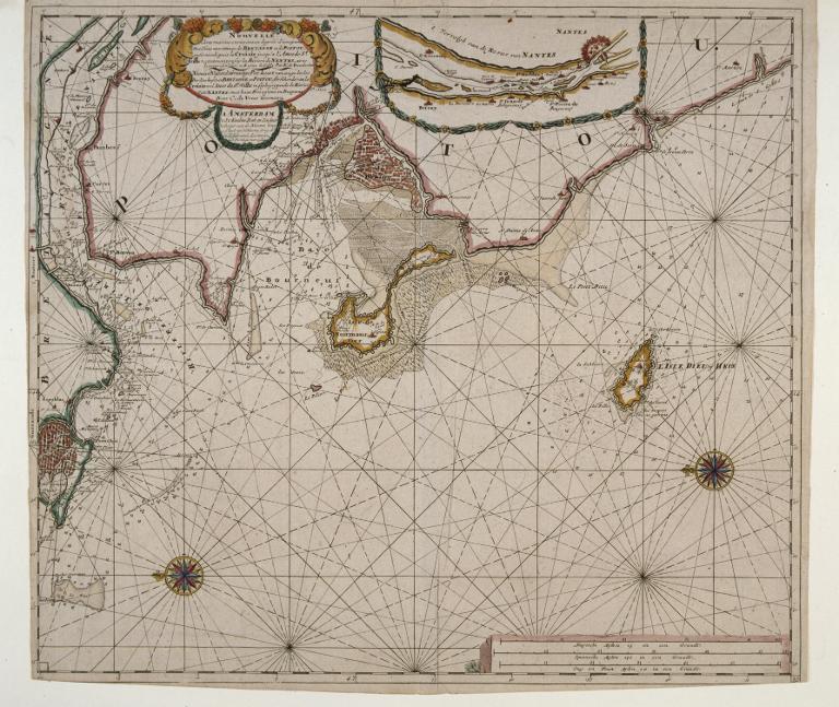Nouvelle carte marine croissant en degrés d'une partie des costes maritimes de la Bretagne et de Poitou en tirant pour le Croizic jusqu'à l'anse de Saint-Gilles, contenant en soi la rivière de Nantes, avec leurs profondeurs et bans de sable