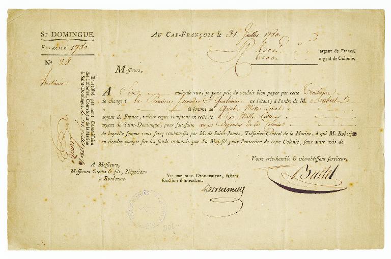 Lettre de change de quatre mille livres argent de France, pour 6000 livres argent des colonies